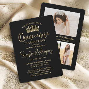 Gewoon Elegant Quinceañera 3 Foto Zwart en Goud Kaart