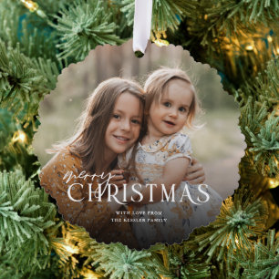 Gewoon elegante vrolijke kerstfoto Wit Ornament Kaart