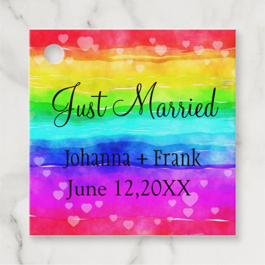 Gewoon gehuwde regenboogkleuren bedankjes labels (Voorkant)
