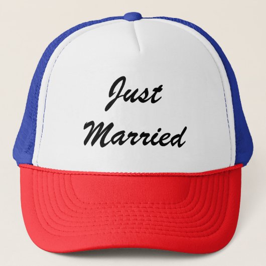 Gewoon getrouwd aangepaste script tekst bruiloft P Trucker Pet (Voorkant)