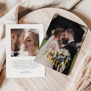 Gewoon getrouwd met hand geletterde bruiloft aanko folie uitnodiging