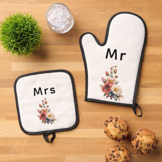 Gewoon getrouwd met Mr & Mrs | Bruiloft Bloemen Mo Ovenwant & Pannenlap Set (Top down)