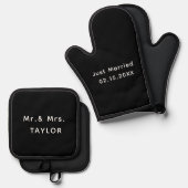 Gewoon getrouwd Mr. & Mrs. | Weddenschapsmonogram Ovenwant & Pannenlap Set (Voorkant / Achterkant)