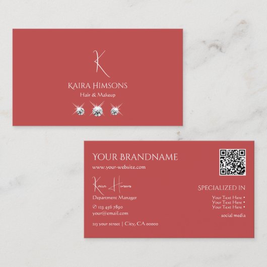 Gewoon Indiaas Rood met monogram QR-code en juwele Visitekaartje (Voorkant / Achterkant)