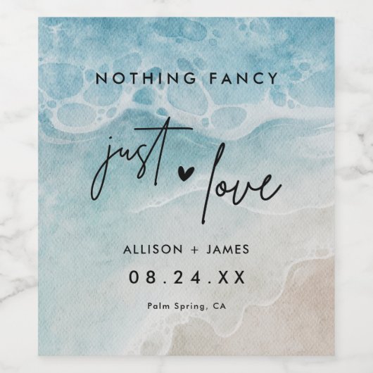 Gewoon Love Beach Elopement Favoris Wijn Etiket (Enkel label)