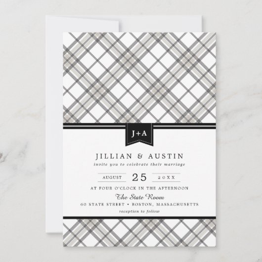 Gewoon Modern gespeeld met lint Monogram bruiloft Kaart (Voorkant)