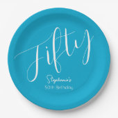 Gewoon modern script Aqua Blue 50e verjaardag Papieren Bordje (Voorkant)
