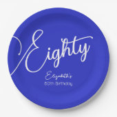Gewoon Modern Script Royal Blue 80th Verjaardag Papieren Bordje (Voorkant)