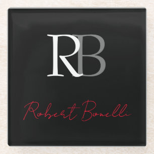 Gewoon Modern Zwart Rood Monogrammed Initialen Naa Glazen Onderzetter