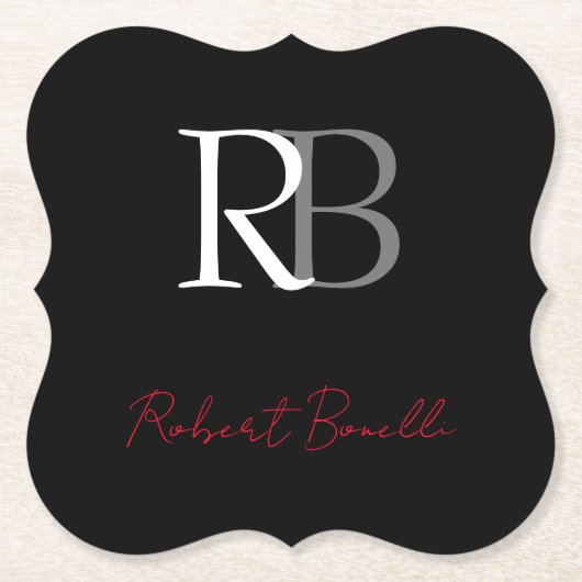 Gewoon Modern Zwart Rood Monogrammed Initialen Naa Kartonnen Onderzetters (Voorkant)