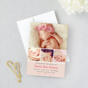 Gewoon Zoete Blush Baby Meisje Foto Collage Geboor Aankondiging