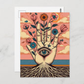 Gewortelde surrealistische tuinders hand met roze briefkaart (Voorkant / Achterkant)