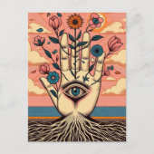 Gewortelde surrealistische tuinders hand met roze briefkaart (Voorkant)