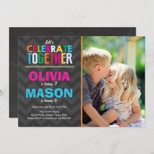 Gezamenlijke tweeling verjaardagsfeestje uitnodigi kaart (Voorkant / Achterkant)