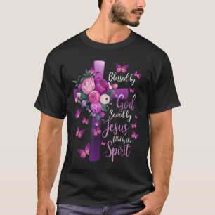 Gezegend door God gered door Jezus Paarse bloemenk T-shirt