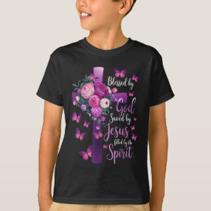 Gezegend door God Gered door Jezus Paarse Bloemkru T-shirt
