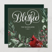 Gezegend Festive Green Script Red Berry Pine Bough Feestdagenkaart (Voorkant / Achterkant)