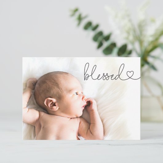 Gezegend Hart Script Minimale Foto baby Doop Bedankkaart (Staand voorkant)