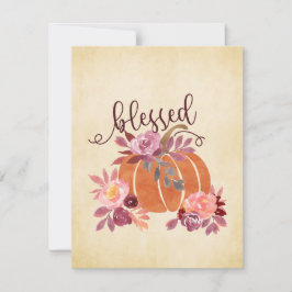 Gezegend - Herfstpompoen met roze bloemen Feestdagenkaart