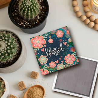 Gezegend  Leuk Blauw Roze Bloemen Inspirativiteit Magneet