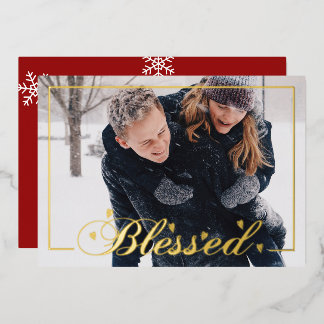 "Gezegend" met Hart Accenten Kerst volledige foto Folie Feestdagenkaart