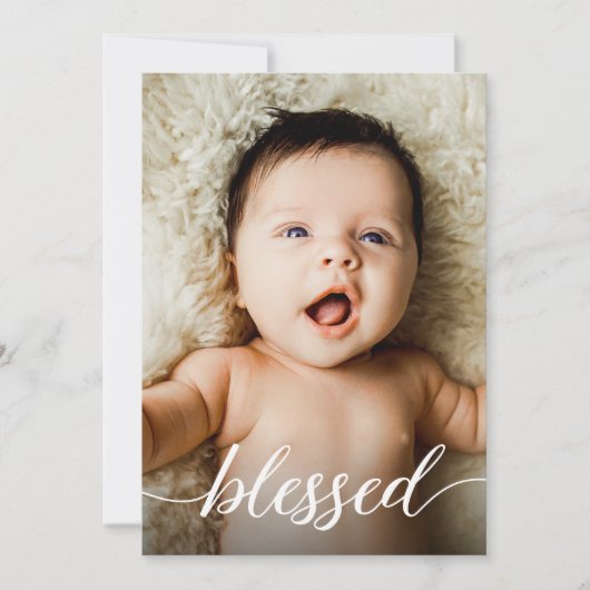 Gezegend Modern script Cross Baby Doop Foto Bedankkaart (Voorkant)