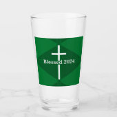 Gezegend Nieuwjaar Groen en Wit Kruis Christelijk Glas (Voorkant)