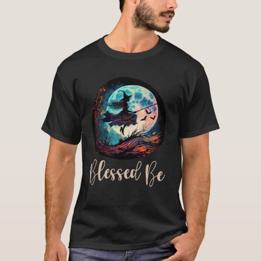 Gezegend zij retro heks op een bezem mystiek t-shirt (Voorkant)