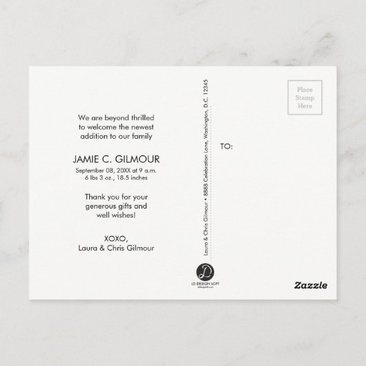 Gezegende baby geboorte aankondiging script dank u briefkaart (Achterkant)