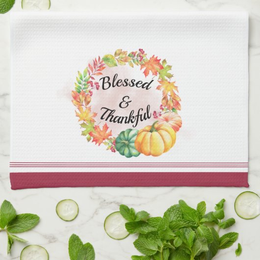 Gezegende en Thankful Waterverf Fall Leaves Pumpki Theedoek (Gevouwen)