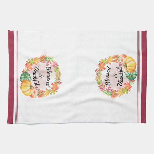 Gezegende en Thankful Waterverf Fall Leaves Pumpki Theedoek (Horizontaal)