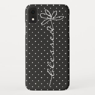 Gezegende madelief op zwart met witte polka stippe iPhone XR hoesje