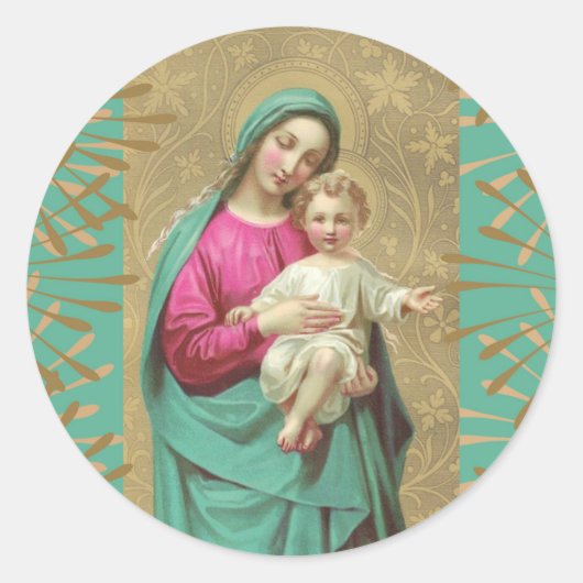 Gezegende Moeder Baby Jesus Decoratieve Rand Ronde Sticker (Voorkant)