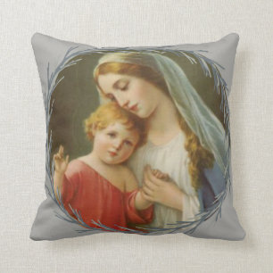 Gezegende moeder houdt de Baby Jesus Wreath vast Kussen