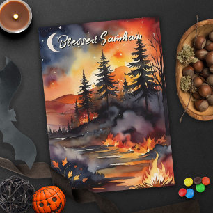 Gezegende Samhain Herfst Vuur Bos Bladeren Zonsond Kaart
