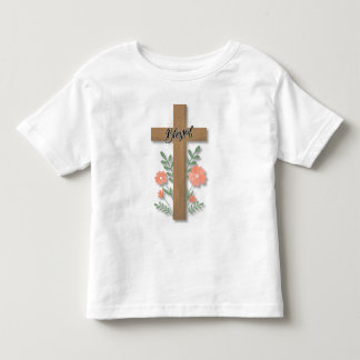 Gezegende woordkunst houten kruis en koraalbloemen kinder shirts