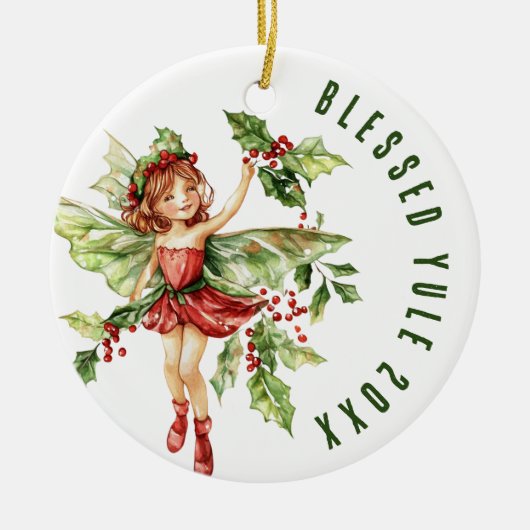 Gezegende Yule Winter Solstice Holly Fairy Wicca Keramisch Ornament (Voorkant)