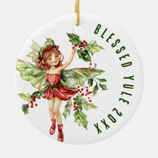 Gezegende Yule Winter Solstice Holly Fairy Wicca Keramisch Ornament (Achterkant)