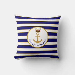 Gezelfamilieanker & kroon op marineblauw en wit ge kussen