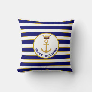 Gezelfamilieanker & kroon op navyblauw en wit gest kussen