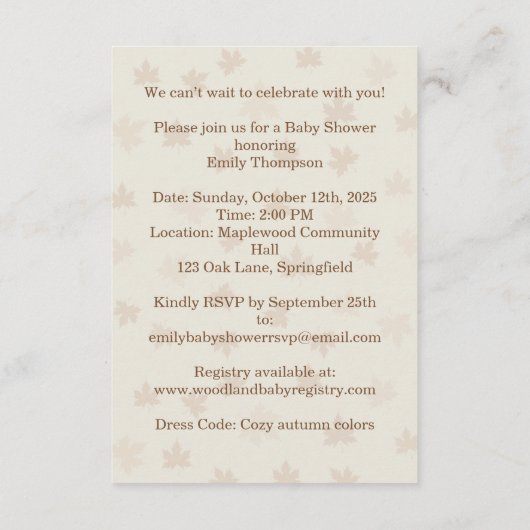 Gezellig Autumn Fox Baby shower Gezellig Woodland Informatiekaartje (Achterkant)