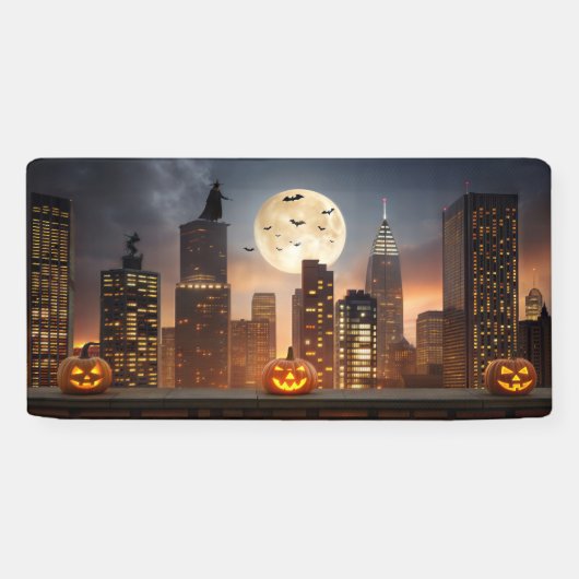 Gezellig Halloween Night Cityscape met pompoen Spandoek (Horizontaal)