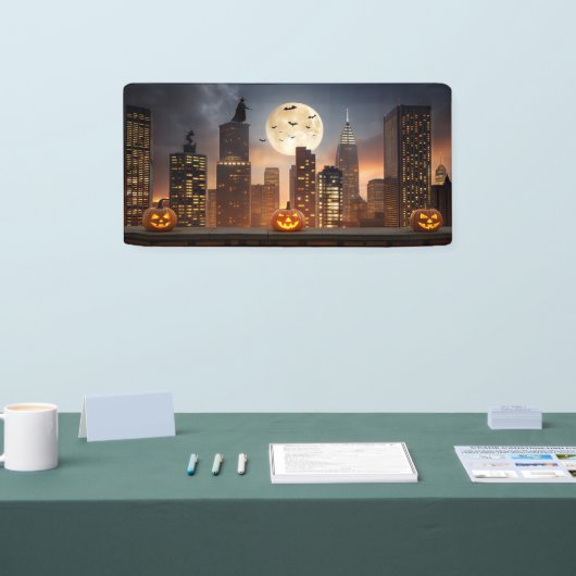 Gezellig Halloween Night Cityscape met pompoen Spandoek (Beurs)