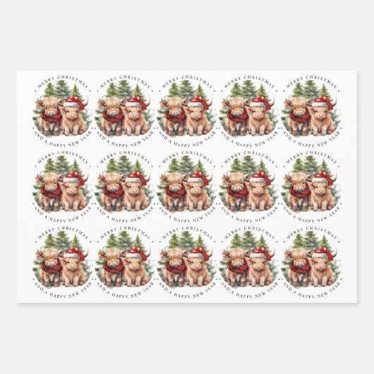 Gezellig Highland Koe Boerderij Dier Vrolijk Kerst Inpakpapier Vel (Voorkant)