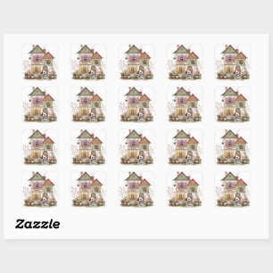 Gezellig huisje en puppy vierkante sticker