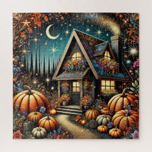 Gezellig huisje met feestelijke pompoenen legpuzzel