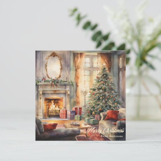 Gezellig kerst interieur met open haard en boom feestdagenkaart (Staand voorkant)