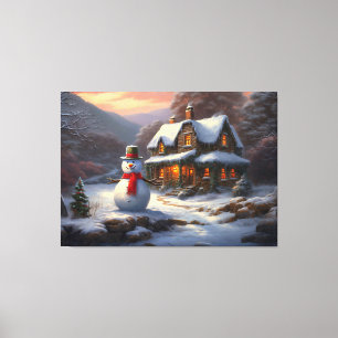 Gezellig Kersthuisje & Sneeuwman winter Canvas Afdruk