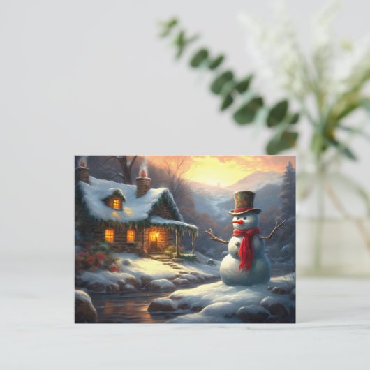 Gezellig Kersthuisje & Sneeuwman | winter Uitnodiging Briefkaart (Staand voorkant)