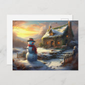 Gezellig Kersthuisje & Sneeuwman | winter Uitnodiging Briefkaart (Voorkant / Achterkant)